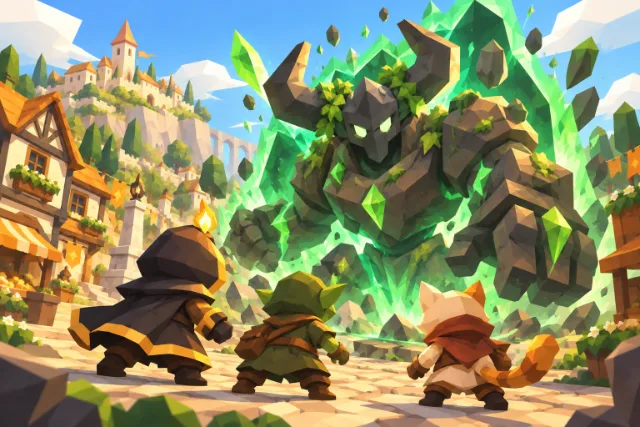 Concept art of adventurers confronting a towering boss at a glowing rift
