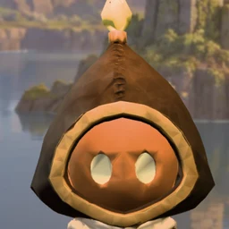 Portrait of a Neged: a hooded kin with a brown gold-rimmed hood, glowing eyes and a flame on the hood tip
