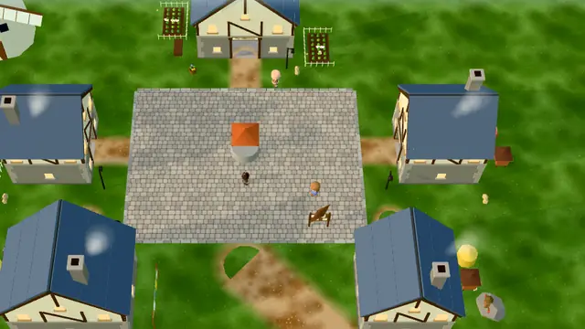 Gmorning in the game: a paved square ringed by blue-roofed houses, with dirt roads and garden plots