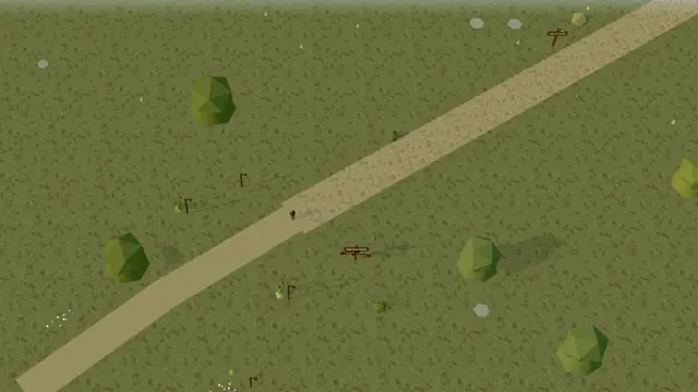 The Old Pond area in the game: green marsh grass, a few low-poly trees and a pale path
