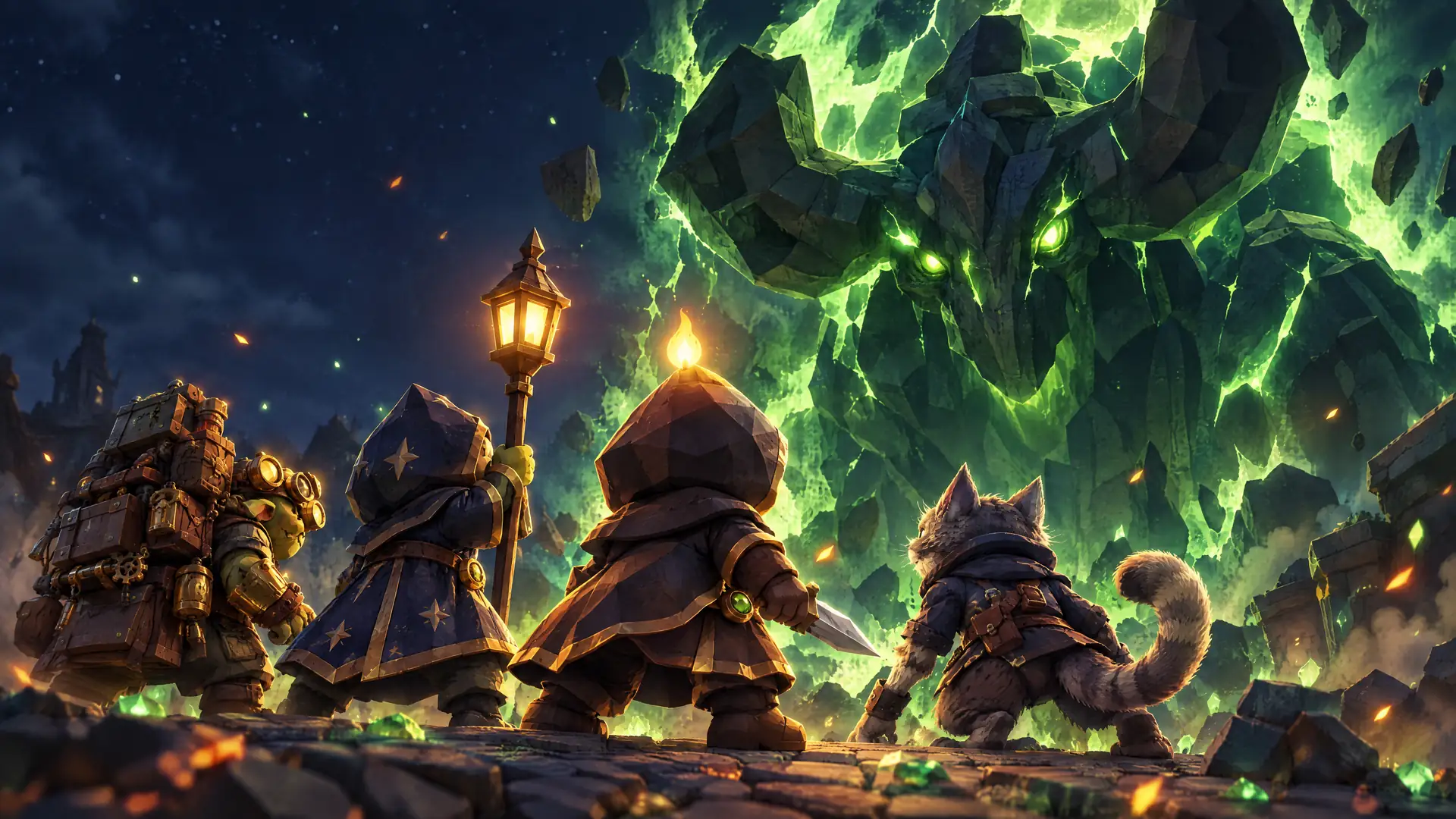 A goblin with a backpack, a star-robed mage with a lantern staff, a hooded flame hero with a dagger, and a cat rogue face a giant crystal golem in a glowing green rift on cobblestones